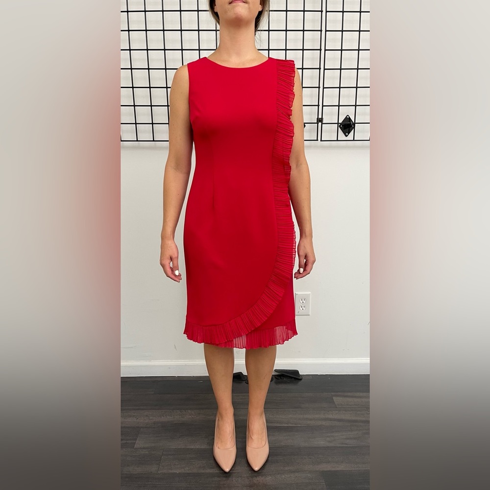 NWT Glamour Red Scuba Crepe with pleated chiffon Dress